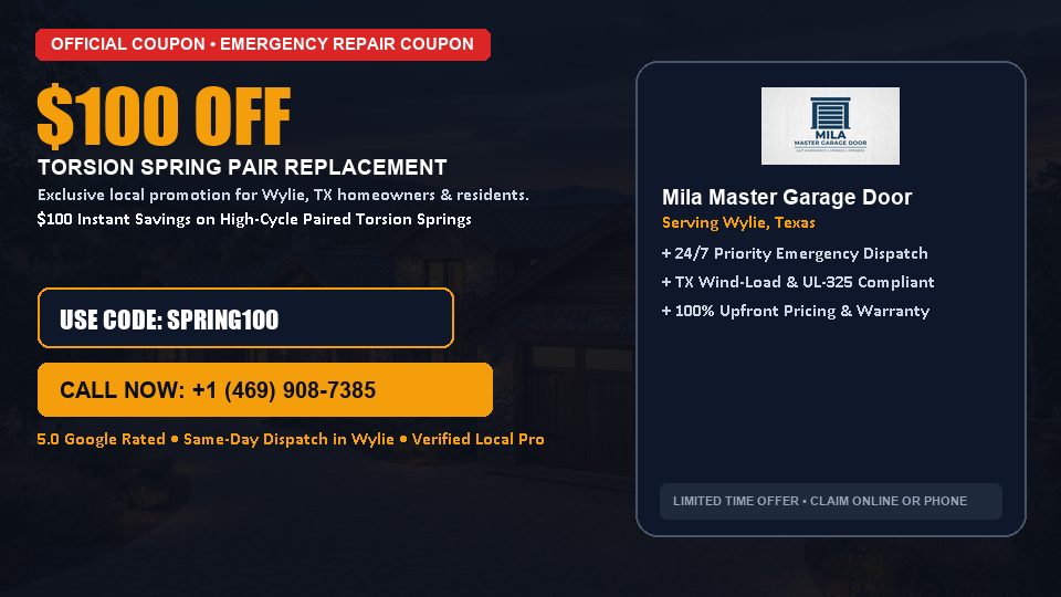 Mila Master Garage Door $100 OFF Dual Torsion Spring Replacement