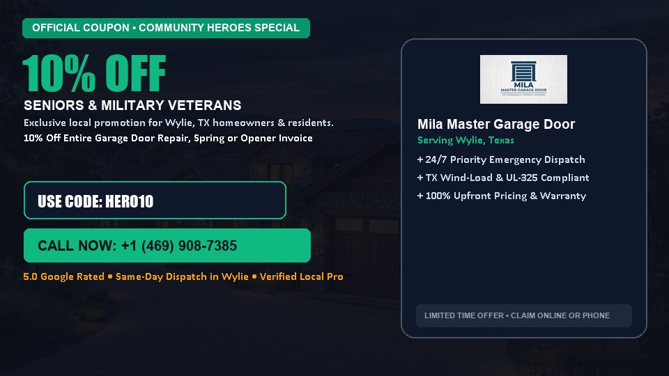 Mila Master Garage Door 10% OFF Seniors & Military Veterans